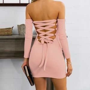Off Shoulder Lace Up Back Rib-knit Bodycon Dress